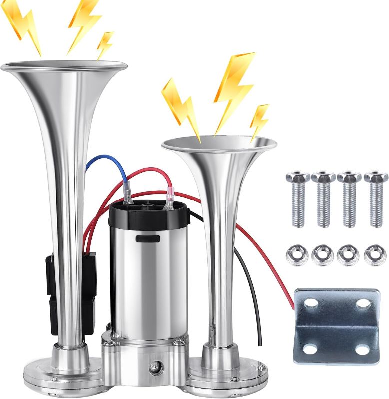Photo 1 of Animgrth Upgraded 12V 600DB Air Horn Dual Trumpets, Super Loud Truck Train Horns Kit with Air Compressor for Any 12V SUV Motorcycle Trucks Pickup Lorries Trains Cars Boats