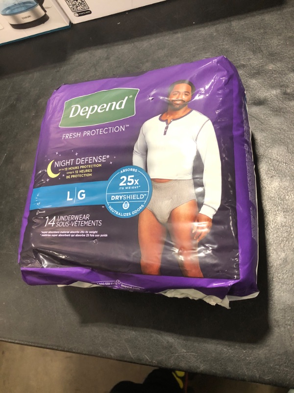 Photo 1 of Depend Night Defense Adult Incontinence Underwear for Men, Disposable, Overnight, Large, Grey, 14 Count, Packaging May Vary