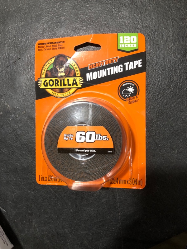 Photo 1 of Gorilla Heavy Duty Double Sided Mounting Tape, Black Tape, 1" x 120" (Pack of 1) - Weatherproof for Indoor or Outdoor