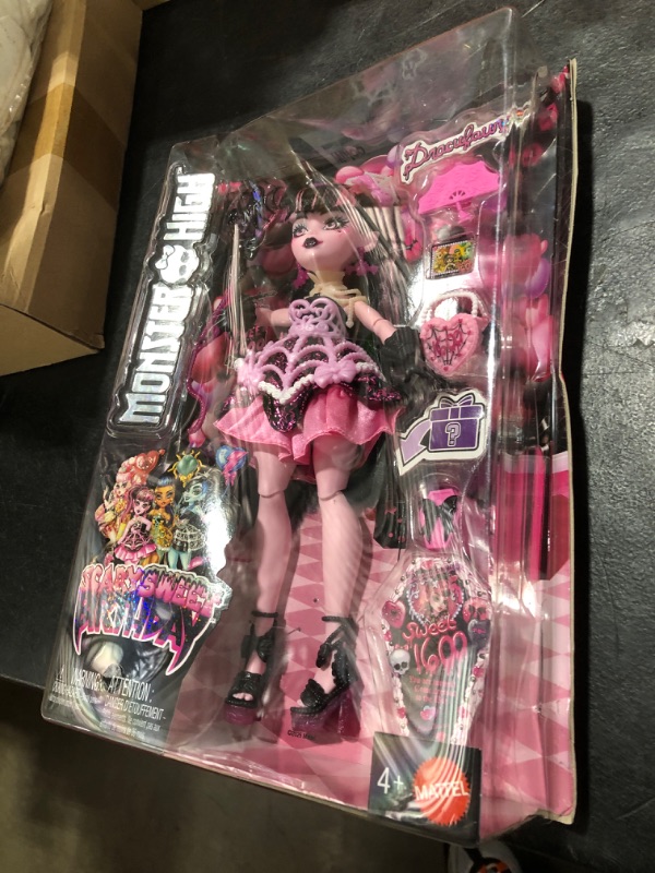 Photo 1 of Monster High Scary Sweet Birthday Doll, Draculaura in Pink Party Dress with Themed Accessories Like Invite, Balloon, Gift, Fan and More