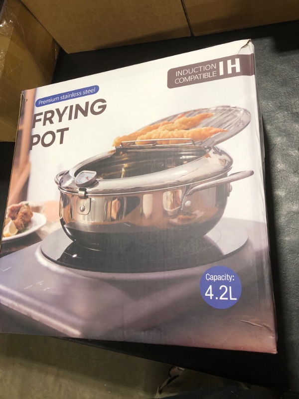 Photo 1 of Kerilyn Deep Fryer Pot, 11 Inch/4.2 L Janpanese Style Tempura Frying Pot with Lid, 304 Stainless Steel with Temperature Control and Oil Drip Drainer Rack, for Kitchen French Fries, Chicken etc