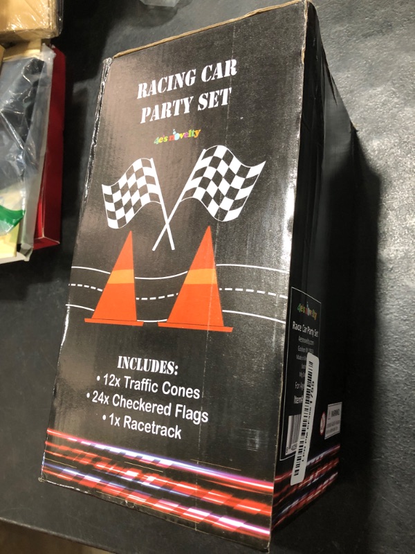 Photo 1 of 4E's Novelty 38 Pieces Set - 12 Traffic Cones With Hole on Top, 24 Checkered Flags, Racetrack Floor Runner - for For Race Car Birthday Party Supplies, Table Centerpiece Decorations Kids Gift