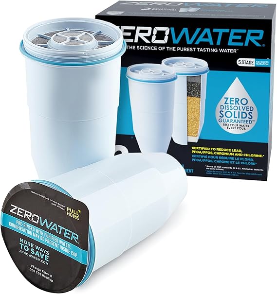 Photo 1 of ZeroWater Official Replacement Filter - 5-Stage 0 TDS Filter Replacement - System IAPMO Certified to Reduce Lead, Chromium, and PFOA/PFOS, 2-Pack, White