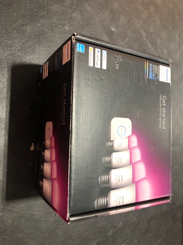 Photo 1 of Philips Hue Smart Light Starter Kit - Includes (1) Bridge and (4) 75W A19 E26 LED Smart White and Color Ambiance Bulbs - Control with App - Compatible with Alexa, Google Assistant, and Apple HomeKit