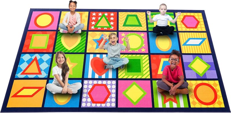 Photo 1 of Booooom Jackson Seating Classroom Rug for Kids Room Seating Décor, 7'54''x13'12'' Vibrant Geometric Patterns Large Preschool Carpet Seating Rug for Teaching and Playroom, Non-Slip Rubber Backing

