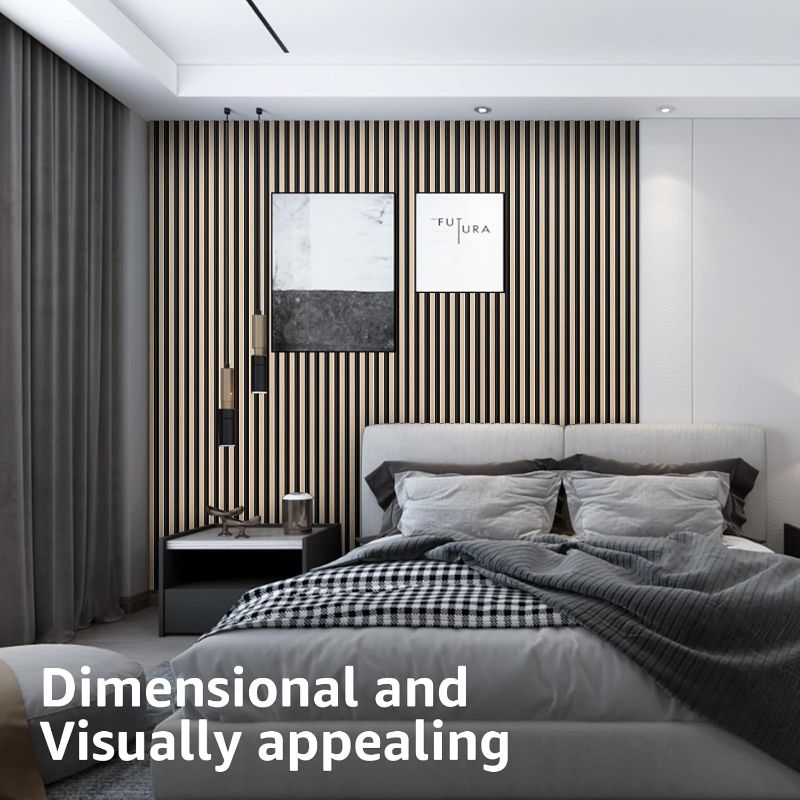 Photo 1 of Art3d 8-Pack WPC Wood Slat Wall Panel for Interior Wall Décor, 3D Wood Fluted Acoustic Wall Paneling for Living Room Bedroom Home & Office Accent Wall Decor - 96 x 6 Inch Oak

