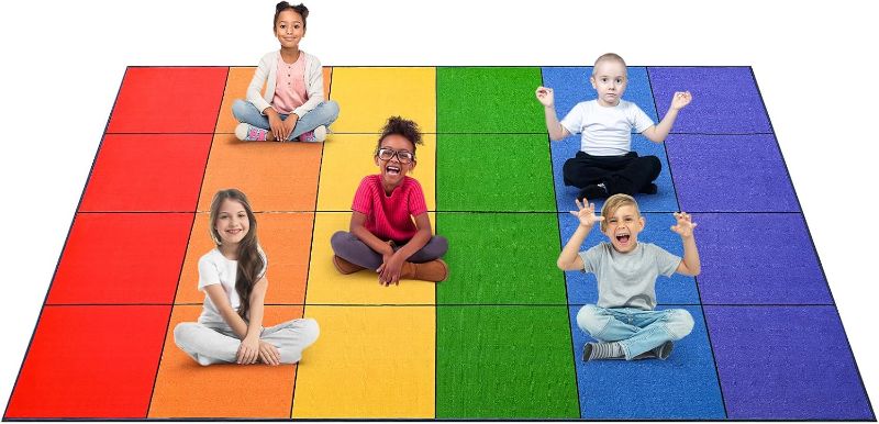 Photo 1 of Booooom Jackson 7'6''x13' Rainbow Square Seating Classroom Rug for Kids Room Seating Décor - Thick Nylon Preschool Carpet Daycare Rug for Teaching, Playroom, Non-Slip &No Triping,20X Stain Resistance
