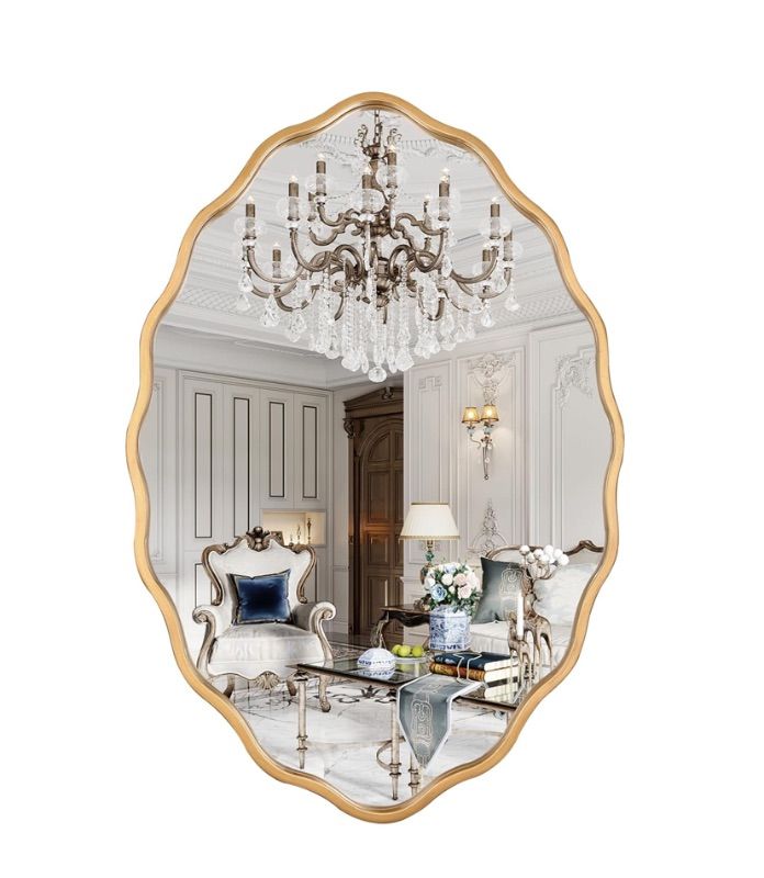 Photo 1 of 24 * 36 Inch Brushed Gold Oval Ripple Bathroom Mirror Wall Mounted Large Modern Countryside Suitable for Washroom, Bedroom, Living Room, Entryway