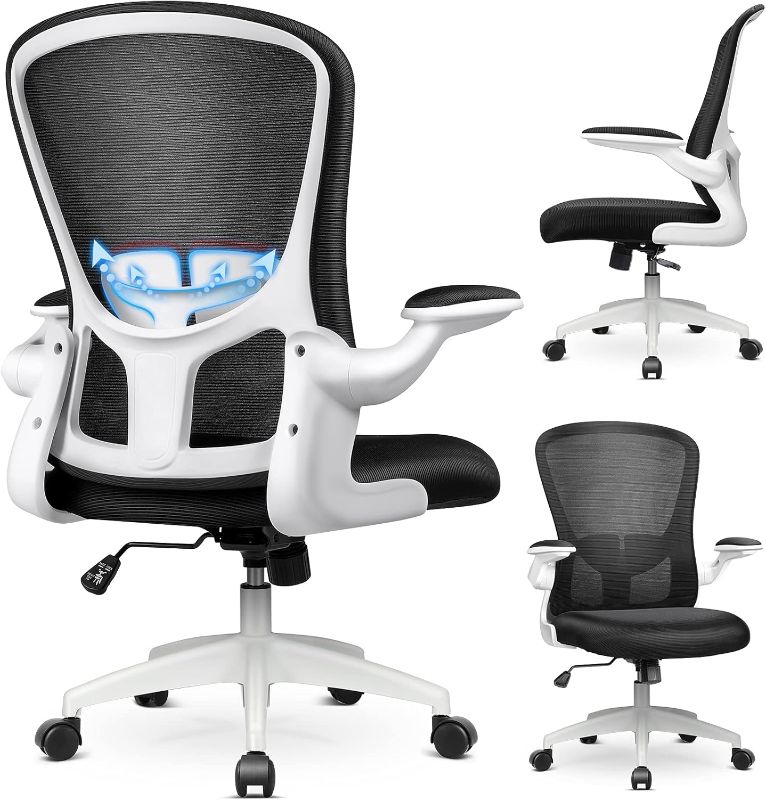 Photo 1 of mfavour Ergonomic Office Chair with with Flip-up Armrest and Adjustable Back Support, Lumbar Support, Computer Mesh Chair for Home Office (White)
