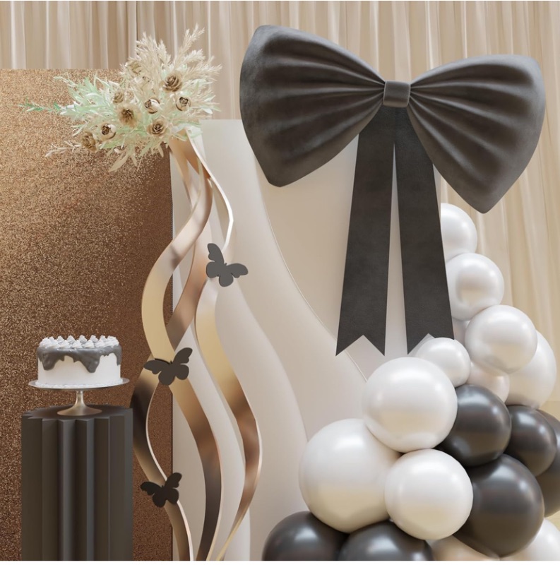Photo 1 of imprsv Bow Party Decorations 40x50in Black Bow Decor, Black Bow Birthday Decorations for Party Engagement Christmas Tree, Large Velvet Bow for Room Decor Wall Decor