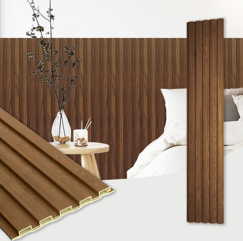 Photo 1 of 8 Pack-WPC Slat Wall Panel, 48 x 6.5 in Decorative Fluted Accent Wall Covering Panel for Living Room, Bedroom, TV Background,Office (Walunt)
