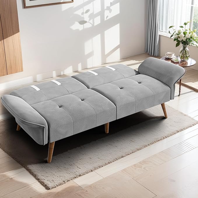 Photo 1 of Meilocar Futon Sofa Bed Velvet, 70" Loveseat Futon Couch Sofa Bed with Adjustable Armrests, Reliner Guest Bed Daybed for Bedroom, Living Room, Light Grey
