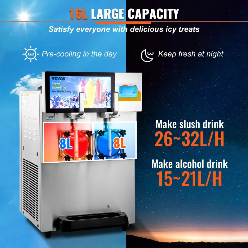 Photo 1 of VEVOR Commercial Slushy Machine, 8L / 2.1 Gal Double Bowl Margarita Machine, 1155W Stainless Steel Margarita Smoothie Frozen Drink Maker, Slushie Machine for Party Cafes Restaurants Bars Home

