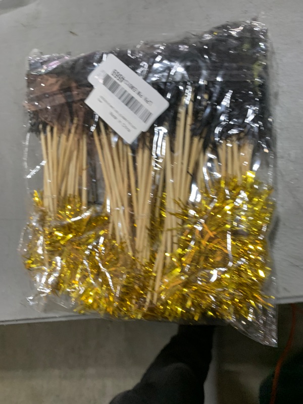 Photo 1 of MEMOVAN Foil Firework Cupcake Toppers 100PCS Sparkle Tinsel Cake Toppers Tinsel Drink Stirrer Gold Black Cake Cupcake Decoration Cocktail Picks for Birthday Wedding Graduation Party Supplies