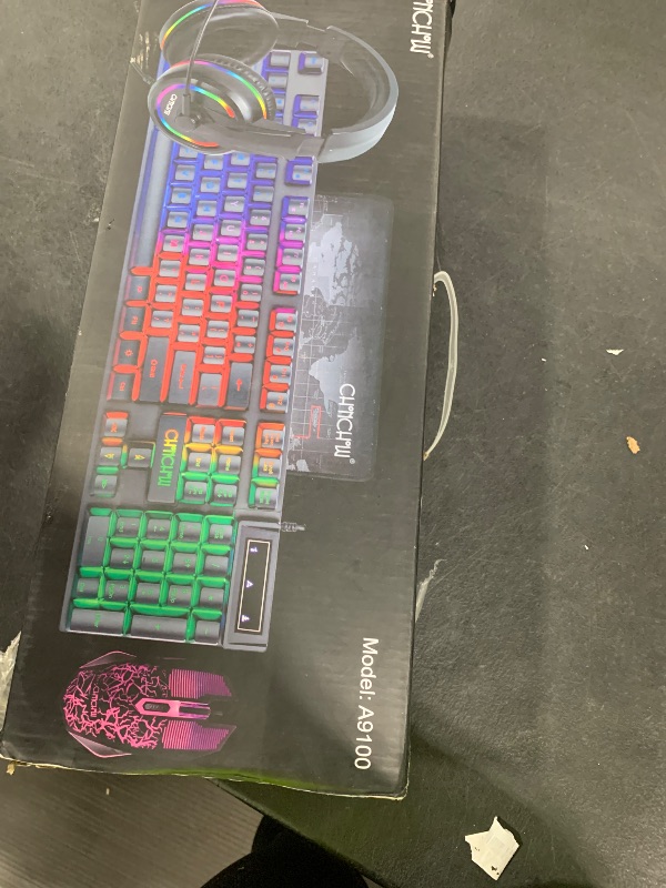 Photo 1 of Gaming LED Keyboard Mouse Headset and Mousepad Bundle, CHONCHOW Wired Rainbow LED Light Up Gaming Keyboard Mouse Headset, Value 4 in 1 Game Set for Xbox PS4 PS5 PC Laptop Gamer