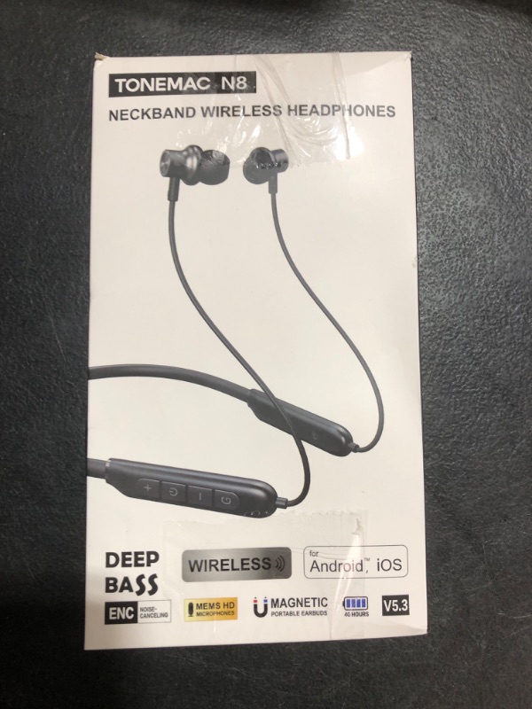 Photo 1 of TONEMAC N8 Wireless Earbuds, IPX6 Sweatproof, Magnetic Neckband Headphones, 40Hrs Playtime, Deep Bass Earphones Bluetooth 5.3 Headset for Phone Calls, Workout, Sports and Game of Thrones Black