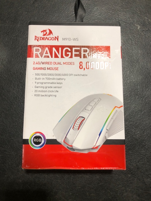 Photo 1 of Redragon Wireless Gaming Mouse with RGB Backlit, 8000 DPI, with Fire Button, Macro Editing Programmable,70Hrs for Windows/Mac, Rechargeable, White, M910-WS