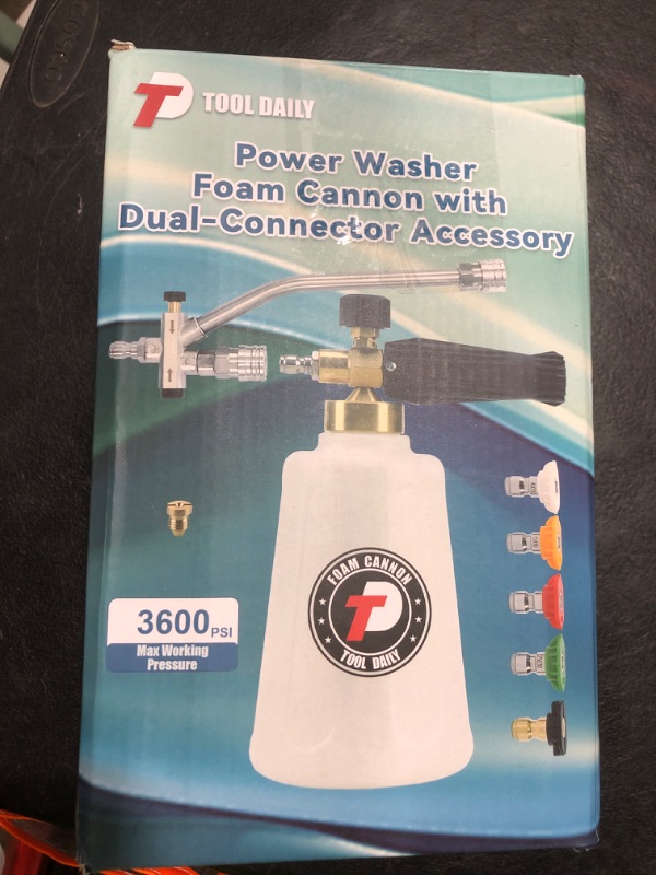 Photo 1 of Tool Daily Foam Cannon for Pressure Washer with Double Tip Attachment, Dual Lance Wide Mouth Soap Cannon, 5 Power Washer Sprayer Nozzles, 1/4" Quick Connect, 3600 PSI