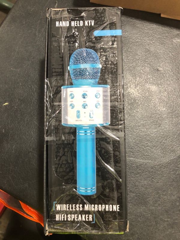 Photo 1 of KIDWILL Wireless Bluetooth Karaoke Microphone for Kids, 5-in-1 Portable Handheld Karaoke Mic Speaker Player Recorder with Adjustable Remix FM Radio for Kids Girls Boys Teens Birthday (858-Blue)