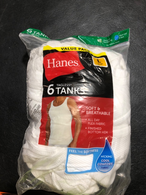 Photo 1 of Hanes Men's Pack, Moisture-Wicking Ribbed, Lightweight Cotton Tank Undershirts, White , Large, 6 Count ( Pack of 1)
