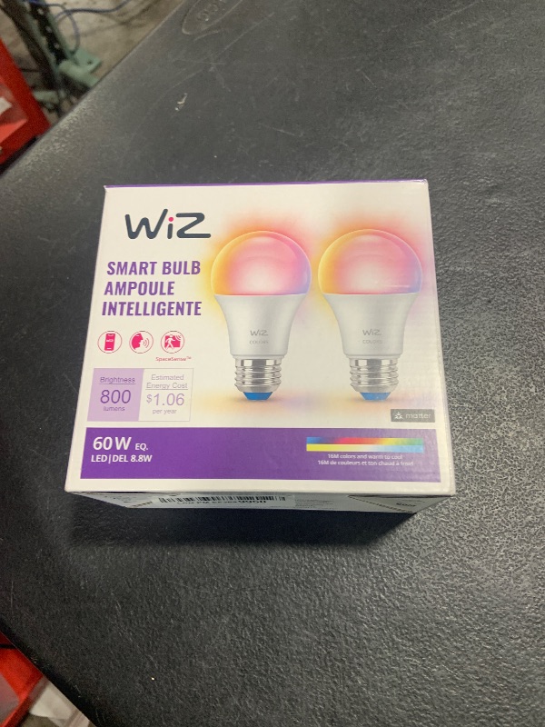 Photo 1 of WiZ Connected 60W A19 LED Smart Light Bulbs - Connects to Your Wi-Fi - E26 Smart Bulb - Control with Voice or App + Activate with Motion - Matter Compatible - 2 Pack