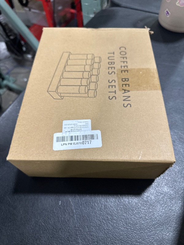 Photo 1 of JUXYES Set of 12 Single Dose Coffee Bean Storage Tubes with Wooden Stand and Lids, Dosing Glass Vials for Coffee Storage, Coffee Bean Container Cellars, Espresso Bean Canisters Set, 2 fl oz