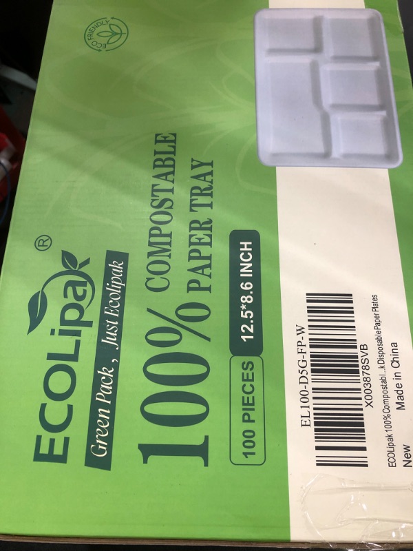Photo 1 of ECOLipak 100% Compostable 5 Compartment Plates, 100 Pack Disposable Compartment Paper Plates, 12.5 * 8.6 inch Biodegradable Sugarcane Plates, Eco-Friendly School Lunch Trays
