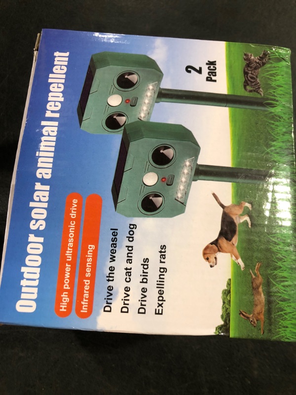 Photo 1 of 2Pack Ultrasonic Squirrel Deer Repellent Devices Cat Repellent Outdoor, Waterproof Solar Animal Repellent with Motion Sensor Deterrent Light for Rabbit Raccoon Coyote Skunk Rodent Dog Possum Armadillo