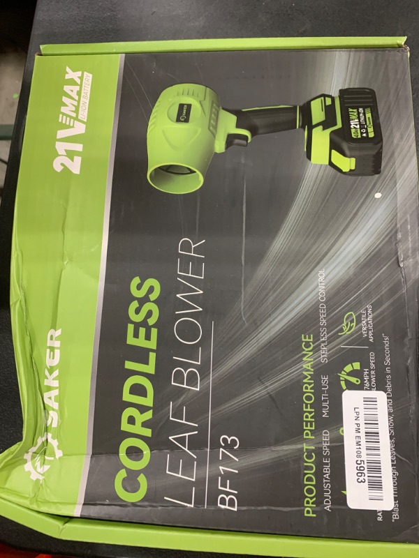 Photo 1 of Saker Cordless Leaf Blower Portable Dust Cleaner Handheld Turbo Jet Blower 180000 RPM Air Duster with Adjustable Speed for Drying Patio Cleaning 2 Batteries Green