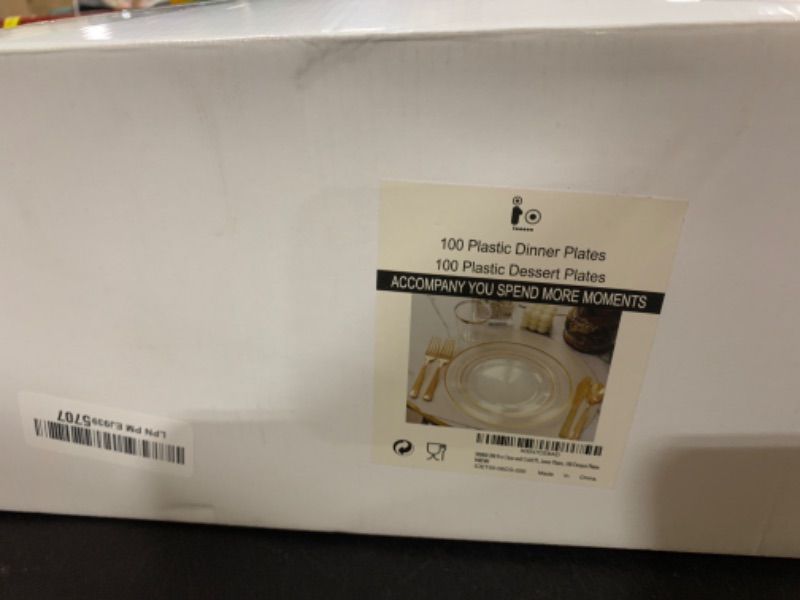 Photo 1 of 200 Pcs Clear Gold Plastic Plates - Disposable Party Plates, Gold Plates Disposable Include 100 Dinner Plates and 100 Dessert Plates, Plastic Plates for Party, Holiday, Wedding & Birthday