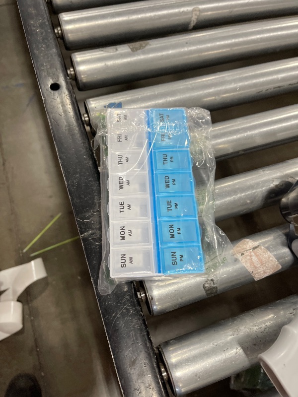 Photo 1 of Amazon Basic Care (7-Day) AM/PM Pill Organizer, Vitamin Case, And Medicine Box, Large Compartments, 2 Times a Day, Blue and Clear Lids