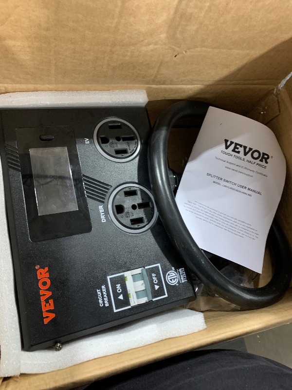 Photo 1 of VEVOR NEMA Splitter for Dryer and EV, 3-Color LED Indicator, 240V Smart Power Distribution, with NEMA 14-50 Plug, Two NEMA 14-50 Outlets, 3.4 in LCD Screen, Max 40A Dryer EV, Tested to ETL Standard