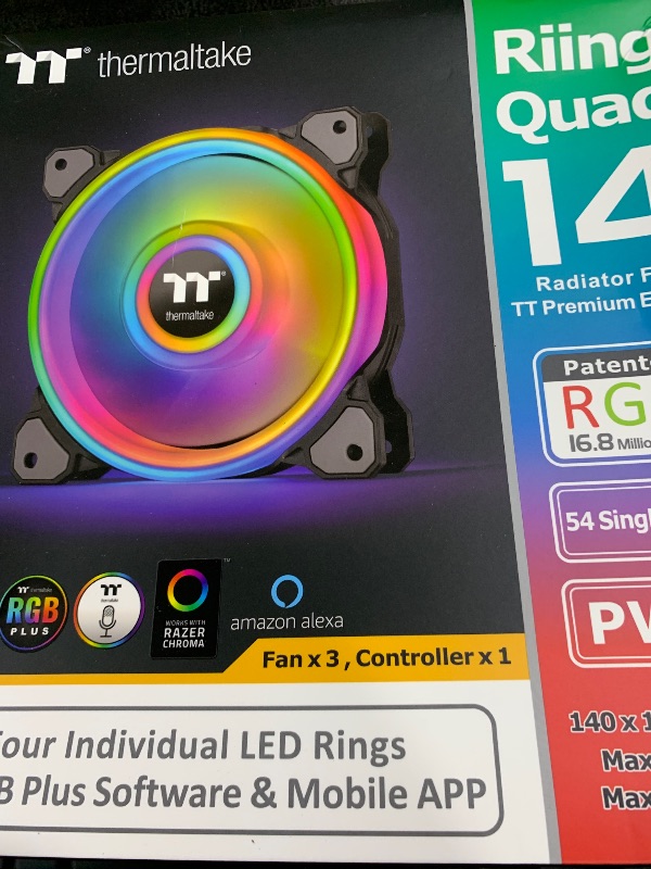 Photo 1 of Thermaltake Riing Quad 140mm 16.8 Million RGB Color (Alexa, Razer Chroma) Software Enabled 4 Light Rings 54 Addressable LED 9 Blades Hydraulic Bearing Case/Radiator Fan, 3 Pack, CL-F089-PL14SW-B Black