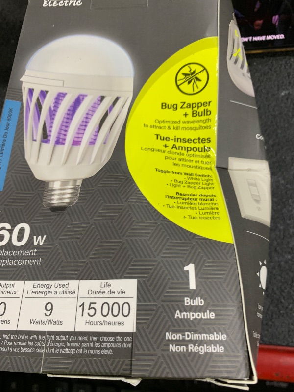 Photo 1 of Feit Electric LED Bug Zapper Light Bulb, 60W Replacement, E26 Base, 700 Lumen, 2in1 Light Bulb and Zapper, 5000K Daylight, 15,000-Hour Lifetime, C60/950CA/BZ/LED