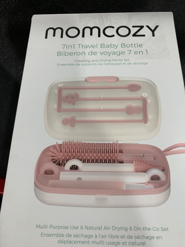 Photo 1 of Momcozy Bottle Brush Set - Baby Bottle Cleaner Kit with Silicone Brush, Nipple Brush, Straw Brush, Soap Dispenser, Drying Rack - 7 in 1 Bottle Cleaning Tool for Home and Travel, Pink