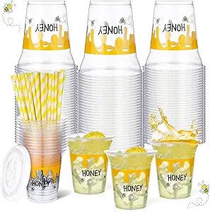 Photo 1 of Umigy 100 Pack Honey Bee Plastic Disposable Cups with Lids and Straws 12 oz Disposable Cups for Juice Water Coffee Summer Party Sports Party Supplies(Bee)