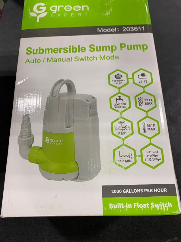 Photo 1 of Green Expert 1/4HP Submersible Sump Pump Built-in Float Switch Manual Automatic Flow 2000GPH 25-Foot Power Cord for Easy Water Removal Portable Utility Pump for Pool backyard Flooded Basement draining