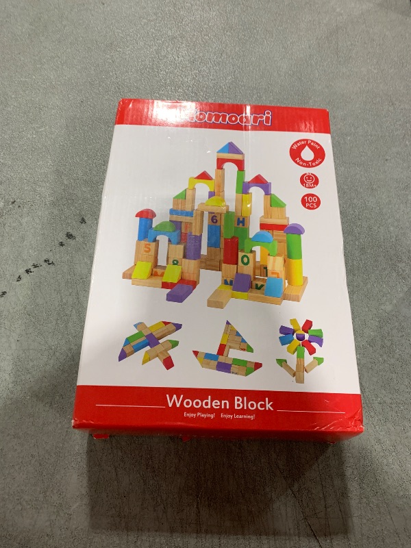Photo 1 of MOMOARI Alphabet Number Wooden Building Blocks Set -100 Blocks in 5 Water Paint Colors and 7 Shapes. Preschool Montessori Kids Baby Toys. Stacking Learning Toys for Toddlers. Age 18 Months +