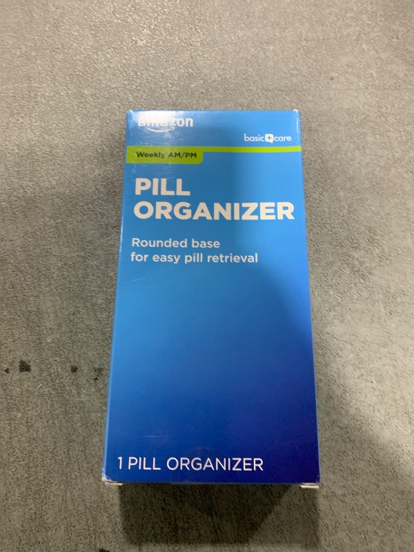 Photo 1 of Amazon Basic Care (7-Day) AM/PM Pill Organizer, Vitamin Case, And Medicine Box, Large Compartments, 2 Times a Day, Blue and Clear Lids