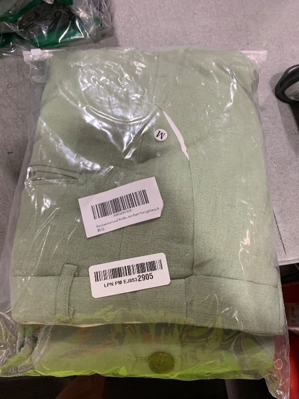 Photo 1 of Men Linen Suit Casual Wedding Prom Suits Slim Fit 3 Piece Groom Tuxedo Party Blazer for Men Tux Jacket+Pants+Vest Light Green-M