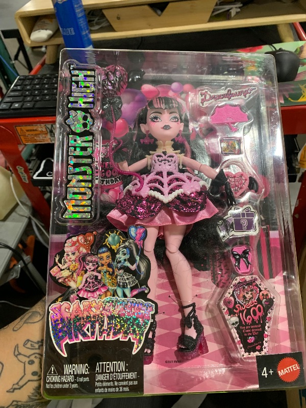 Photo 1 of Monster High Scary Sweet Birthday Doll, Draculaura in Pink Party Dress with Themed Accessories Like Invite, Balloon, Gift, Fan and More