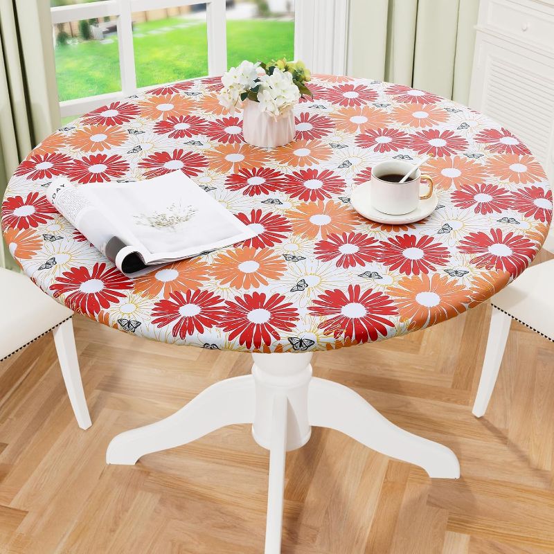 Photo 1 of misaya Round Fitted Tablecloth with Elastic Edge, 100% Waterproof Oil Proof Plastic Table Cover, Vinyl Flannel Backed Tablecloth Fits 36"-44" Round Tables for Dinner, Outdoor, Picnic, Red Daisy
