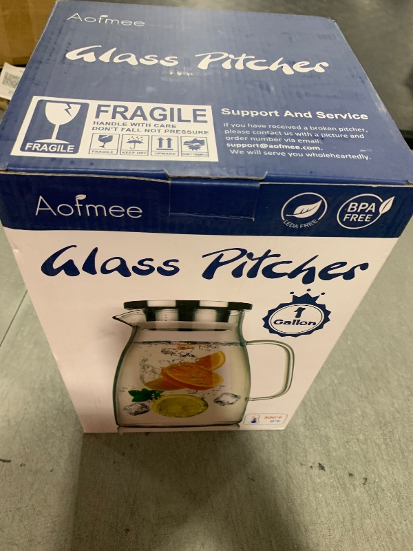 Photo 1 of 1 Gallon 128oz Glass Pitcher, Water Pitcher with Lid and Spout, Glass Carafe for Hot/Cold Drink, Water Jug for Iced Tea, Coffee, Juice, Milk, Beverage (Extra-Wide Mouth)