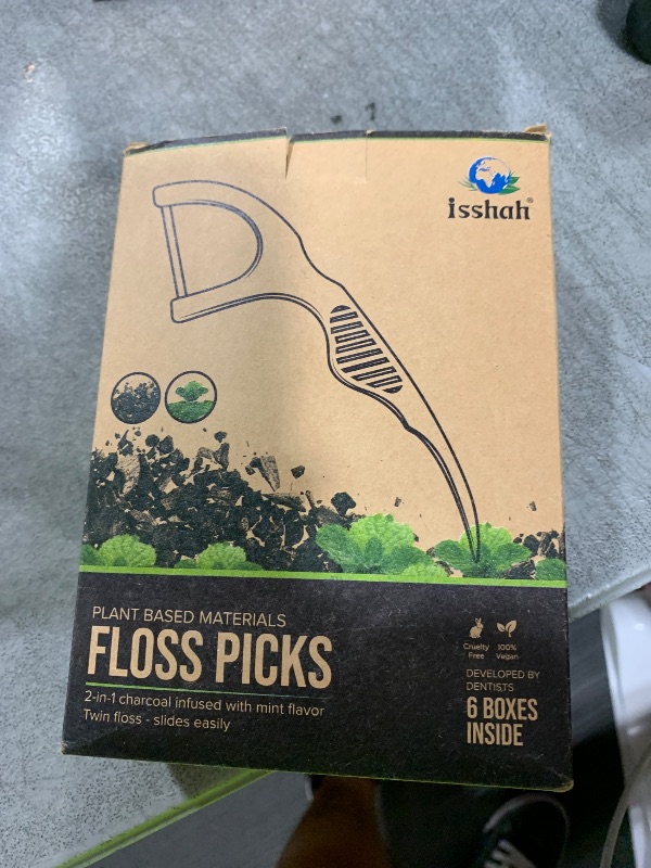 Photo 1 of Natural Dental Floss Picks (300 Count) - Kraft Paper Box Packaging, Plant Based, PETA Approved Vegan, Eco Friendly, Sustainable Dental Flossers - Twin Floss (Charcoal)