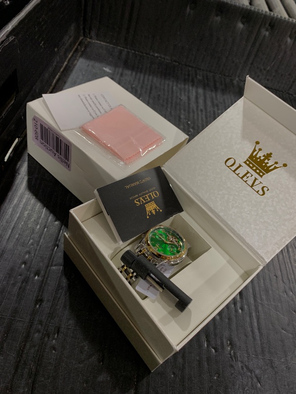 Photo 1 of OLEVS Watch Men Watches for Men Automatic Large Face Wind Up Green Face Mechanical Self Winding No Battery Skeleton Casual Waterproof Fashion Luxury Original Sliver Gold Stainless Steel Two Tone Men's Wist Watches relojes para hombres