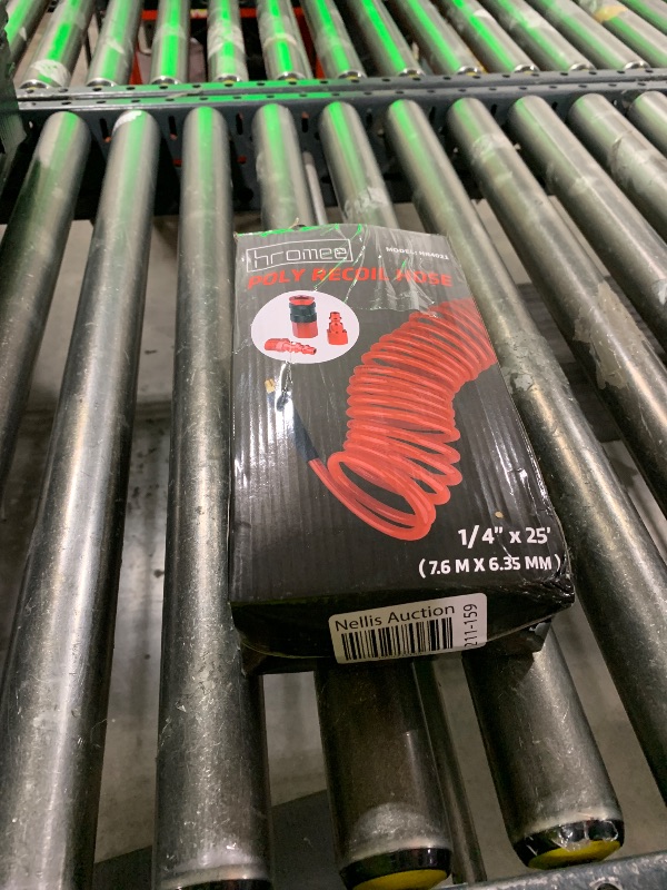 Photo 1 of Hromee 1/4 in x 25 ft Polyurethane Recoil Air Hose with Bend Restrictors Compressor Hose with 1/4" Industrial Universal Quick Coupler and I/M Plug Kit, Red