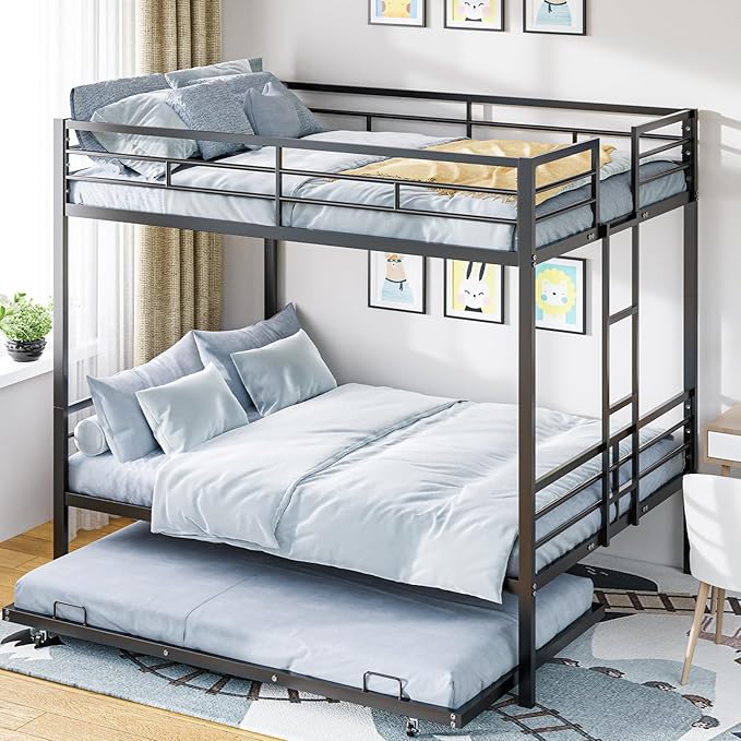 Photo 1 of Queen Over Queen Bunk Bed with Trundle for Kids/Adults,Heavy Duty Bunk Bed with Convertible 2 Beds & Ladder for Dorm,Bedroom,Guest Room,Space Saving Design & No Box Spring Needed,Black
