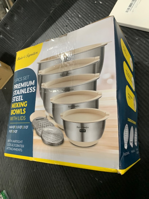 Photo 1 of Stainless Steel Mixing Bowls with Lids Set, 5 Sizes, 3 Graters, Non-Slip Base, Airtight Lids, Metal Mixing Bowls for Kitchen, Food Prep, Storage, 0.63QT-5QT, Khaki