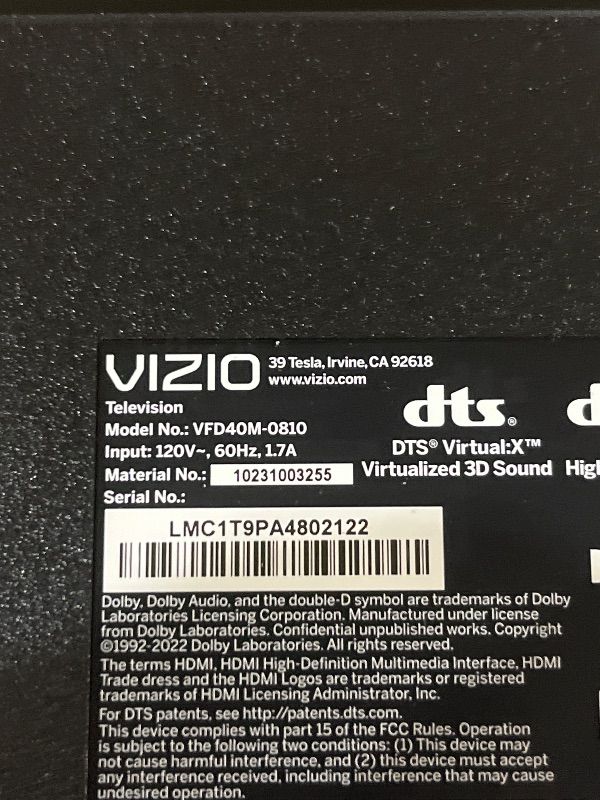 Photo 1 of VIZIO 40-inch Full HD 1080p Smart TV with DTS Virtual: X, Alexa Compatibility, Google Cast Built-in, Bluetooth Headphone Capable, (VFD40M-08 New)
