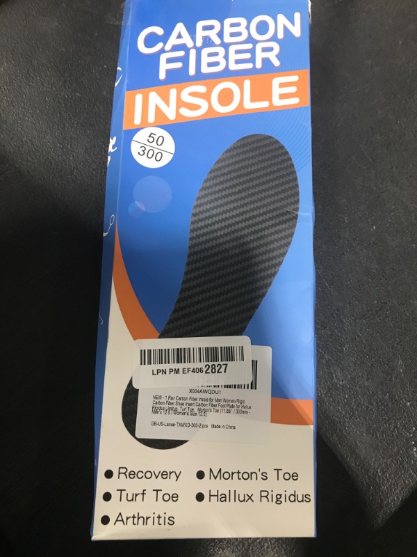 Photo 1 of 1 Pair Carbon Fiber Insole for Men Women Rigid Carbon Fiber Shoe Insert Carbon Fiber Foot Plate for Hallux Rigidus Limitus, Turf Toe?Morton's Toe (11.85” / 300mm - Men's 12.5 / Women's Size 13.5)